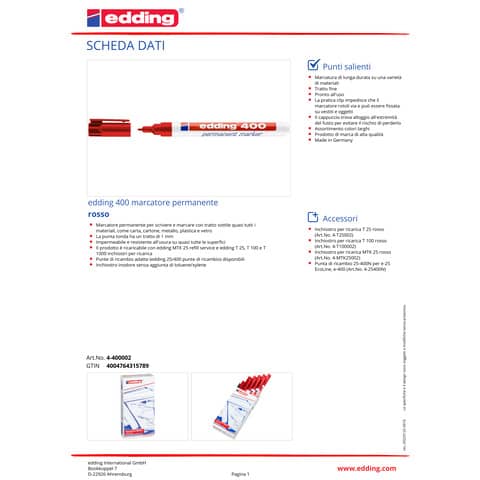 Marcatore permanente edding 400 punta conica 1 mm rosso E-400 002